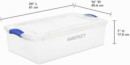 32 Quart Underbed Plastic Storage Bin with Latching Lid – Clear Stackable Container with Blue Handles for Bedroom, Closet, Dorm, or Seasonal Organization