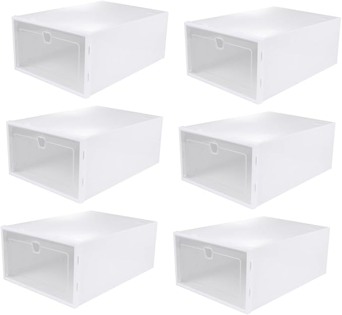 CHILDWEET 6pcs Transparent Shoe Box Organizer Thick Drawer Type Storage for Shoes Scratch Design for Sneakers High Heels and Boots White Frame Color