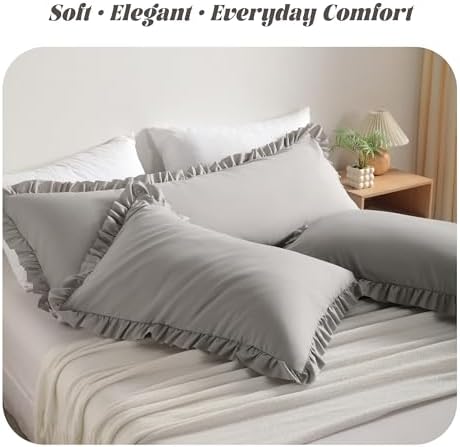 BEDSUM Queen Ruffled Pillow Shams - Set of 2, 20x30, Light Grey - Image 2