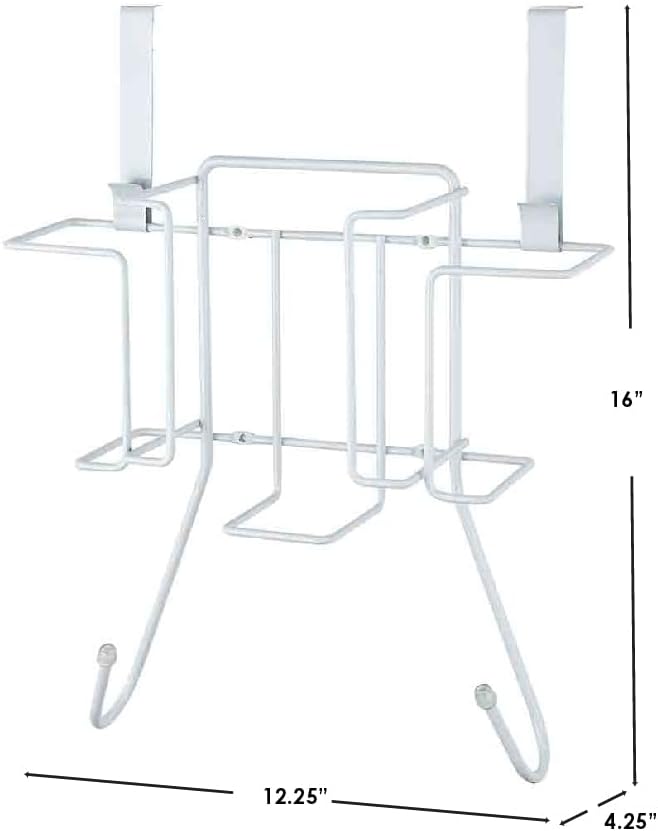 Sunbeam Laundry Room Metal Over the Door Hanging Ironing Board Holder and Organizer, Holds Standard Size Iron, Board, Spray Bottles, Starch, Fabric softener, White finish