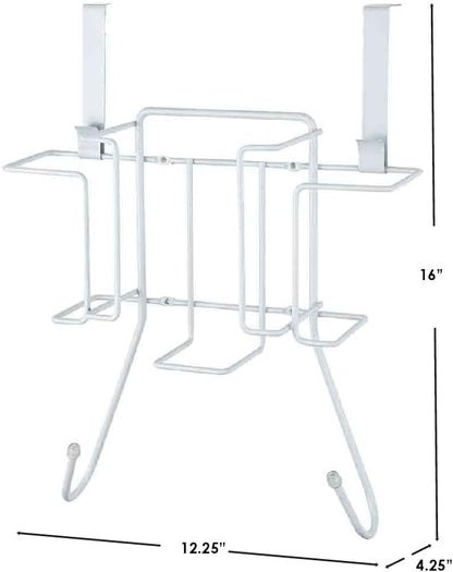 Sunbeam Laundry Room Metal Over the Door Hanging Ironing Board Holder and Organizer, Holds Standard Size Iron, Board, Spray Bottles, Starch, Fabric softener, White finish