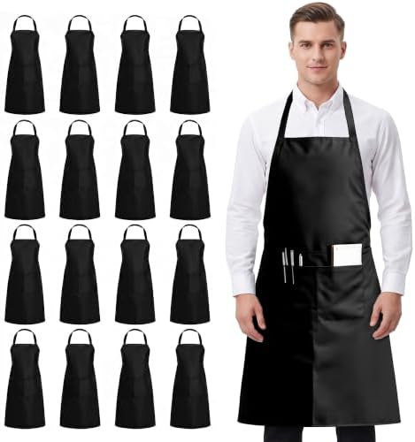 16 Pack Black Bib Apron, Waterd Resistant Unisex Aprons Bulk with 2 Pockets by Unknown