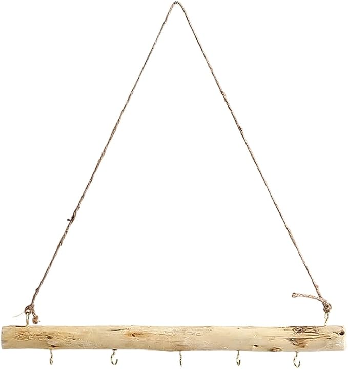 15 Inch 5 Hook Driftwood Wall Hanging Wall Mounted Jewelry Holder Decor Natural Wood Farmhouse Vintage Wooden Necklace Holder Branch Hooks with Jute Rope for Dried Flowers Keys Crafts Home