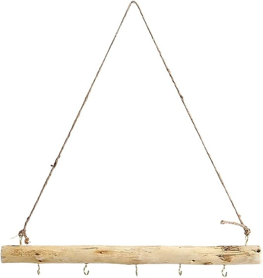 15 Inch 5 Hook Driftwood Wall Hanging Wall Mounted Jewelry Holder Decor Natural Wood Farmhouse Vintage Wooden Necklace Holder Branch Hooks with Jute Rope for Dried Flowers Keys Crafts Home