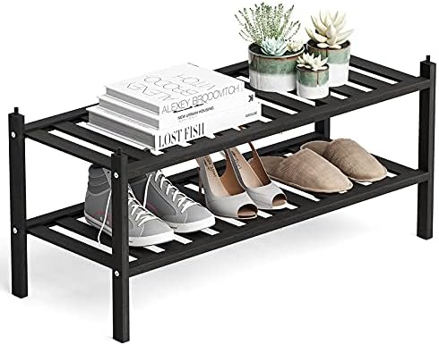 Dranixly Shoe Rack, 2-Tier Bamboo Stackable Shelf Storage Organizer, Stand for Closet, Entryway and Hallway （Black）