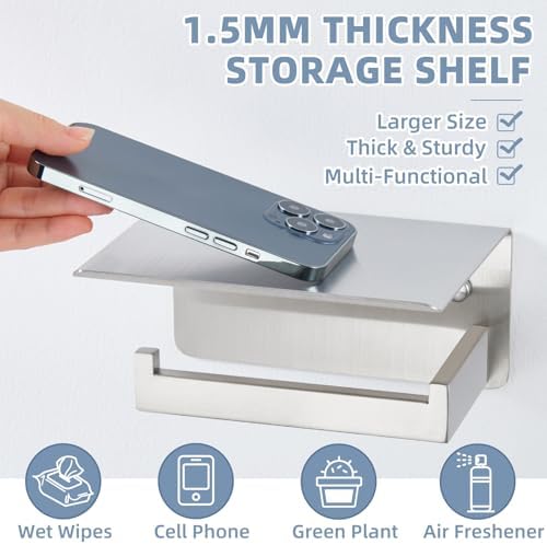APLusee Toilet Paper Holder with Shelf for Wall, Left Side, Brushed Nickel - Image 3