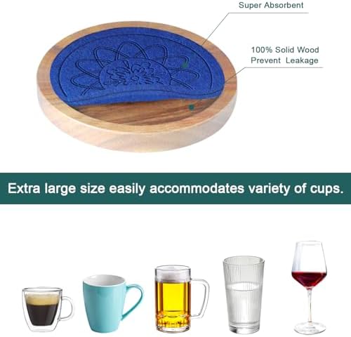 5 Pack Wood Coasters for Drinks, Minacun Absorbent Coaster Set, Drinks Coasters for Coffee Tabletop Protection, Non-Slip, Non-Stick, Suitable for Kinds of Cups Wooden Table Drink, 4.3 Inch Blue - Image 5