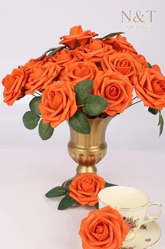 N&T NIETING Artificial Flowers Real Touch Fake Flowers Orange Roses Perfect for DIY Wedding Bridal Bouquets Centerpieces Shower Party Home Flower Arrangement Thanksgiving Decorations, 25Pcs - Image 6