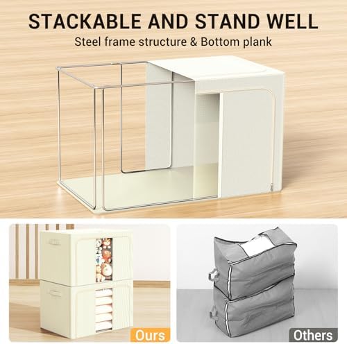 Clothes Storage Bins with Metal Frame, Foldable Clothes Organizers Storage Containers for Clothes, Sheets, Blankets, Pillows and Towels (24L, 3 Pack) Beige - Image 3