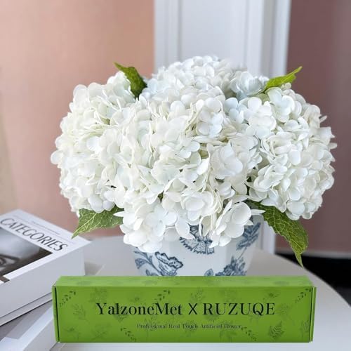 YalzoneMet 4Pcs White Hydrangea Artificial Flower Natural Lifelike Real Touch 21'' Long Stem Hydrangea Latex Flower Bouquets for Home Decor Party Outdoor Wedding Table Centerpiece by YalzoneMet