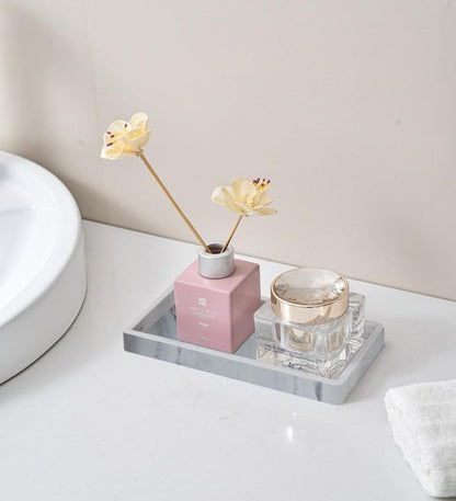 2PCS 7.87” L x 3.93” W Silicone Soap Dispenser Trays, Bathroom Sink Vanity Tray for Dresser Tops, Toilet, Tray for Scrubber, Lotion Bottles, Perfume, Jewelry, Candle, Key Trinket Ring-White Marble