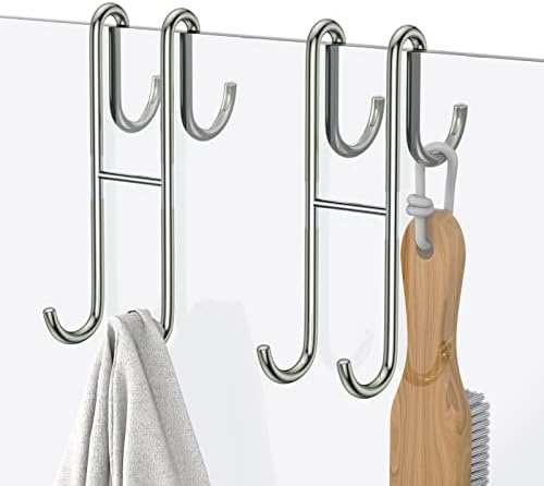 Over Shower Glass Door Hook, 2 Pack Silver 304 Stainless Steel Extended Shower Door Hooks, Bathroom Frameless Drilling-Free Hanger, Double Side Towel Hooks, for Bathing Suits, Robe, Loofah, Shaver by SSTOOHL