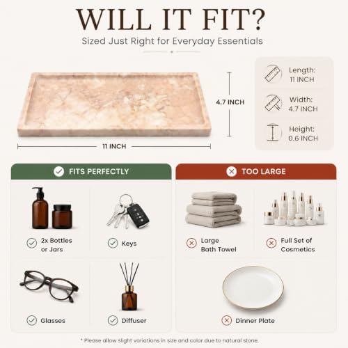 Pink Marble Tray for Vanity, Slim Natural Stone Decorative Tray for Bathroom, Perfume Organizer, Jewelry Dish, Kitchen & Entryway Countertop Decor, Small Rectangle Tray - Image 4