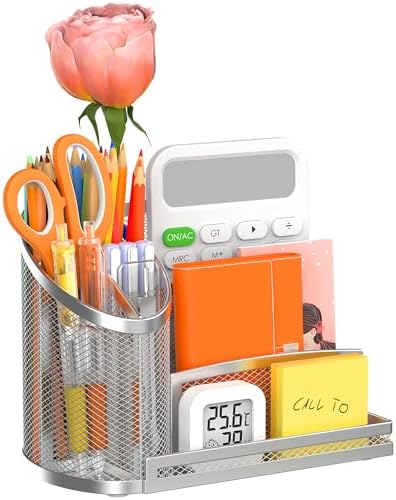 Metal Mesh Desk Organizer, Mail Sorter with 3 Compartment Pen Holder by OrgMate