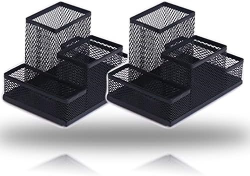 2 Packs Desk Organizer Desktop Mesh Pen Pencil Holder Caddy with 4 Compartments, Office Home School Classroom Accessories Cool Supplies (2Pcs Black) by koofull
