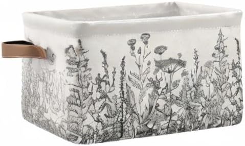 Black and White Flowers Storage Baskets,Decorative Collapsible Rectangular Canvas Fabric Storage Bin for Home