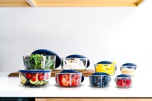 16-Piece Glass Food Storage Containers Set (8 Containers + 8 Lids) | Round, Nesting, Microwave & Dishwasher Safe | BPA-Free, Space-Saving | Blue Lids for Pantry & Kitchen Organization, Blue
