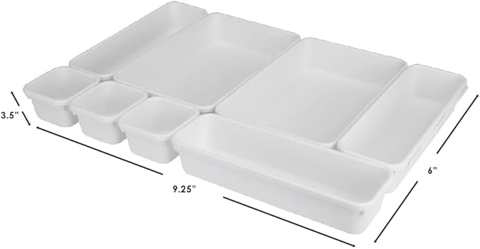 Home Basics 8 Piece Kitchen, Adjustable and Customizable Multi-Drawer Divider Organizer Set Multipurpose Use White