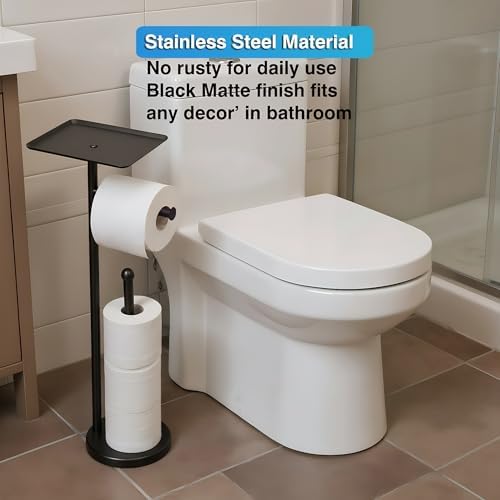 Toilet Paper Holder with Shelf, Freestanding Toilet Paper Stand with Storage Space for Holding Extra 4 Toilet Paper Rolls (Stainless Steel Base, Black) - Image 6