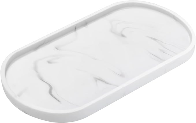 Luxspire Bathroom Vanity Tray, Handmade Resin Kitchen Tray, Oval Toilet Tank Tray, Bathroom Countertop Organizer Tray for Jewelry/Perfume/Soap Dispenser/Hand Towel - 11.4 Inch, Marble White