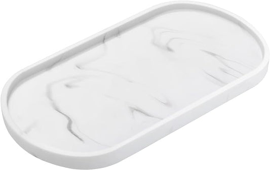 Luxspire Bathroom Vanity Tray, Handmade Resin Kitchen Tray, Oval Toilet Tank Tray, Bathroom Countertop Organizer Tray for Jewelry/Perfume/Soap Dispenser/Hand Towel - 11.4 Inch, Marble White