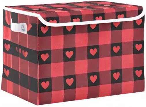 senya Valentines Storage Baskets Collapsible Storage Bins with Lids, Red Buffalo Check Gingham Love Heart Storage Boxes Clothes Baskets for Organizing