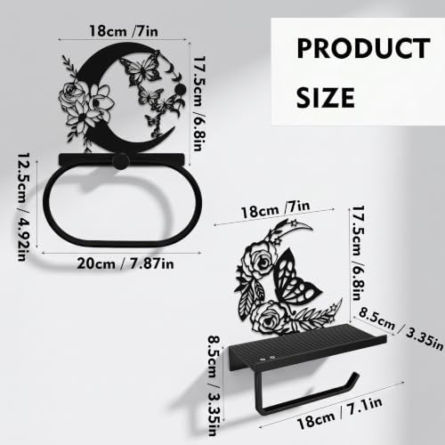 2 Pcs Black Moon Butterfly Flowers Toilet Paper Holder Towel and Ring Holder, Woodland Cabin Accessories for Bathroom Kitchen Lodge, Rustic Moon Butterfly and Flowers Decor for Indoor Outdoor - Image 2