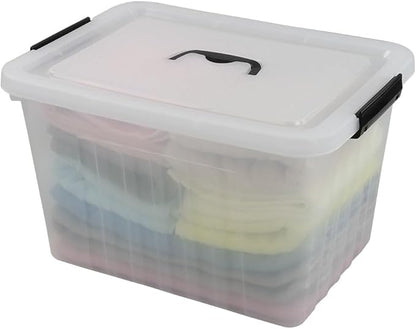 25 Quart Clear Latching Tote, Plastic Storage Bin with Black Handle, Pack of 4