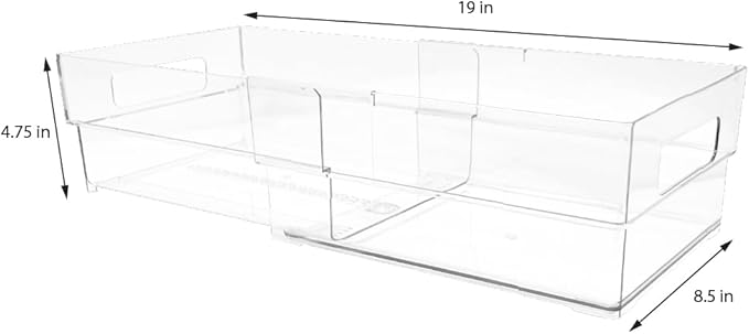 Isaac Jacobs 2-Pack Clear Expandable Storage Bins - Medium, 11"-19" L x 8.5" W x 4.8" H, Plastic Organizer with Cut-Out Handles, Adjustable Length from 11-19" for Home, Kitchen & Office