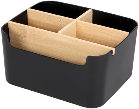 Segarty Black Desktop Organizer, Detachable Bamboo Remote Control Holder, Desk Storage Box Pencil Pen Holder Caddy for Office Home Bedside Nightstand Organization by Segarty
