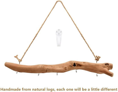 15Inch Driftwood Wall Hanging Jewelry Organizer - Rustic Wood Tree-Shaped Wall Decor with 5 Hooks for Rustic, Boho & Farmhouse Home