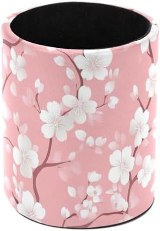 Leather Pen Holder for Desk, Pink Background Flowers Pencil Cup Pen Organizer Makeup Brush Holder for Office Home Kids Countertop Desk Accessory Storage by Unknown