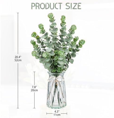 Hollyone Artificial Eucalyptus Stems in Glass Vase with Faux Water, 20.4" Fake Plant Eucalyptus Leaves Faux Greenery Branches for Home Office Farmhouse Bathroom Wedding Centerpiece Decor - Image 2