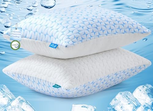QUTOOL Firm Pillow Shredded Memory Foam, Cooling Pillow for Hot Sleeper, Adjustable Bed Pillow for Side Back Stomach Sleepers, Washable Cover, CertiPUR-US Certified, Standard Size Set of 2 by QUTOOL