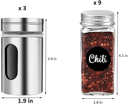 12 Pack Glass Spice Jars with Label, Empty Spice Bottles with Metal Caps and Shaker Lids, Kitchen Seasoning Containers Set, Seasoning Organizer Set for Spice Rack (12 Pack)