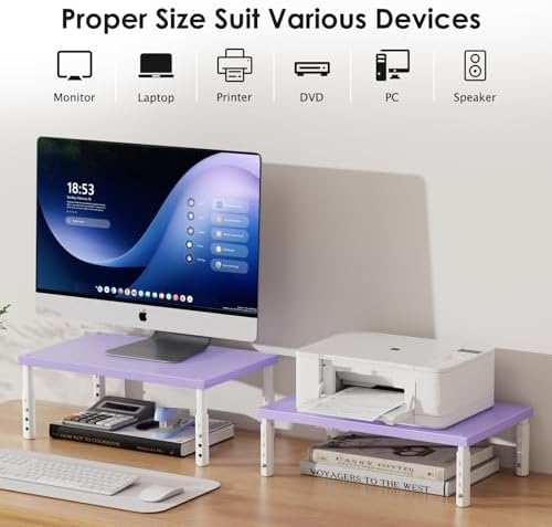 ECOLOVI Adjustable Wood Computer Monitor Stand Riser, Office Desk Organizer and Accessories for Monitor, Laptop, PC, Printer, Office Desk Accessories Workspace Organizer for Home Office Supplies, Purple - Image 3