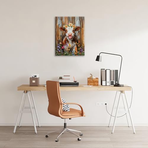 Funny Cow Bathroom Pictures Wall Art, Rustic Brown Cute Cow Bathroom Wall Decor, Farmhouse Floral Framed Painting Animal Flower Canvas Artwork for Bedroom Living Room Decorations 20" L x 16" W - Image 3