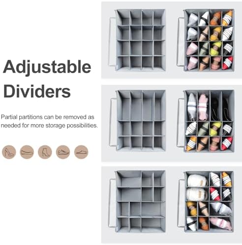 TOPIA HOME Shoe Organizer for Closet, Foldable Shoe Box with Adjustable Dividers and Clear Cover, Space Saving Shoe Storage Organizer Cabinet with Reinforced Handles, Fits 16 Pairs, Gray, TP09G - Image 2