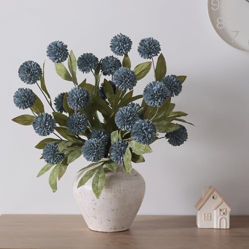 6 Pcs 27"Artificial Pompon Mum Silk Flower Stems for Vase (Dark Blue) - Image 6