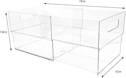 Isaac Jacobs 2-Pack Clear Expandable Storage Bins - Extra Large, 11"-19" L x 10" W x 7.8" H, Plastic Organizer with Cut-Out Handles, Adjustable Length from 11-19" Home, Kitchen & Office