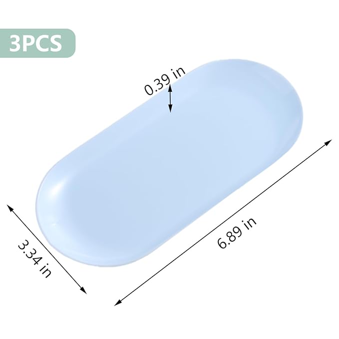 3Pcs Manicure Tools Storage Tray, Oval Plastic Storage Dish Nail Art Accessory Display Trays, Jewelry Rhinestone Organizer Plate, Makeup Cosmetic Nail Decorations Storages Plate（Blue）