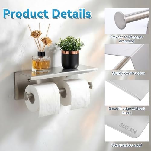 Double Bathroom Toilet Paper Roll Holder with Shelf Wall Mount Tissue Roll Holder Stainless Steel Wall Mounted RV Tissue Rolls Holders Toilet Paper Holders with Shelf, Silver - Image 5
