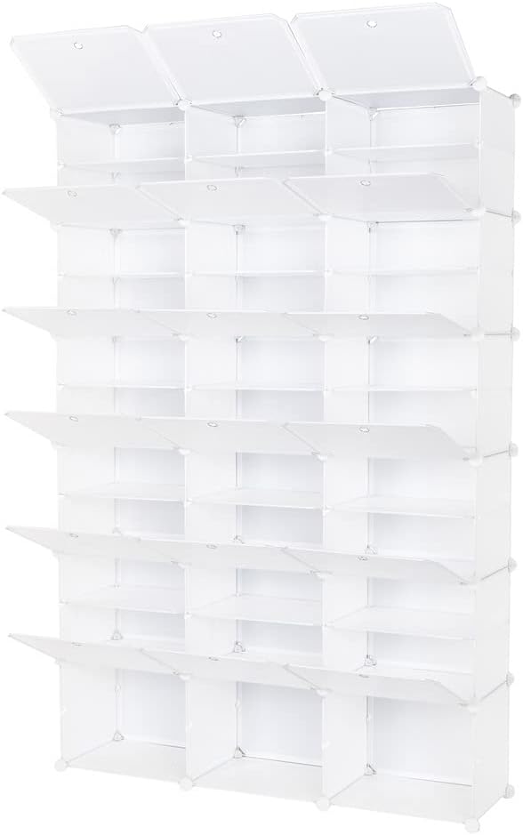 Shoe Rack Organizer, 18 Cube 12 Tier Covered Shoe Storage Cabinet 72 Pairs Freestanding DIY Shoe Shelves Plastic Shoes Rack for Closet Entryway Hallway Bedroom (White)