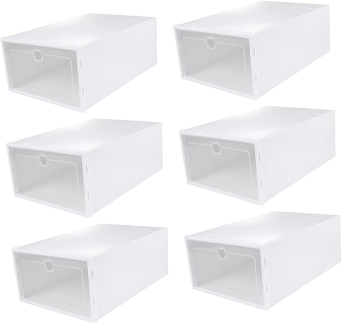 6pcs Stackable Transparent Shoe Storage Boxes with Drawer Design Thickened PP Plastic Organizer for Sneakers Heels Boots Protective Versatile White Frame Containers for Closet and