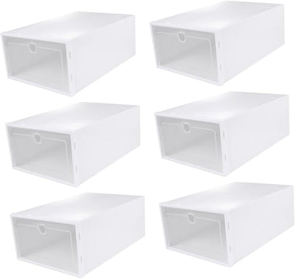 6pcs Stackable Transparent Shoe Storage Boxes with Drawer Design Thickened PP Plastic Organizer for Sneakers Heels Boots Protective Versatile White Frame Containers for Closet and