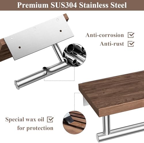 Tindbea Toilet Paper Holder with Wood Shelf, Wooden Wall Mount Tissue Paper Roll Holder, Brushed Nickel Stainless Steel Bathroom Accessories Decor Household Home Apartment Restroom Essentials (Walnut) - Image 4