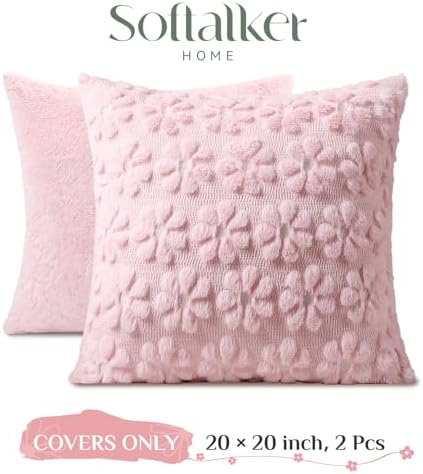 Softalker Spring Decorative Throw Pillow Covers 20 x 20 Inch Set of 2, Farmhouse Summer Floral Daisy Soft Faux Fur Cushion Covers, 3D Pillow Cases for Couch Bedroom Living Sofa Room Home Decor, Pink - Image 4