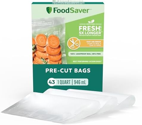 FoodSaver Quart Pre-Cut Vacuum Seal Bags, Easy Use Vacuum Storage Bags, Align to Seal and Tear to Open Vacuum Sealer Storage Bags, 43 Pack by FoodSaver