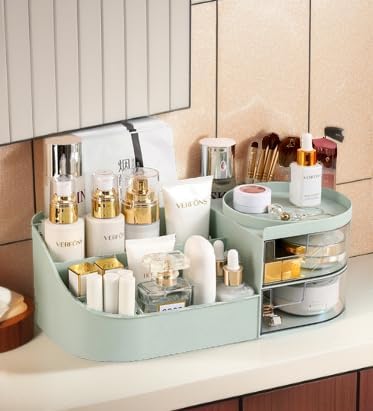 skin care organizer,Makeup Desk Organizer With Drawers,Countertop Organizer for Cosmetics,Vanity brush with Holder for Lipstick, Brushes, Eyeshadow, and Desktop Finishing Dresser (D-greener)
