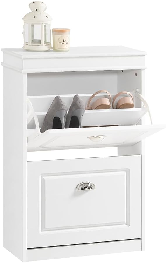 SoBuy Small Shoe Cabinet, Slim Shoe Rack 2 Flip-Drawers, Thin Shoe Storage Cupboard Organizer Unit for Entryway and Hallway, White FSR78-W